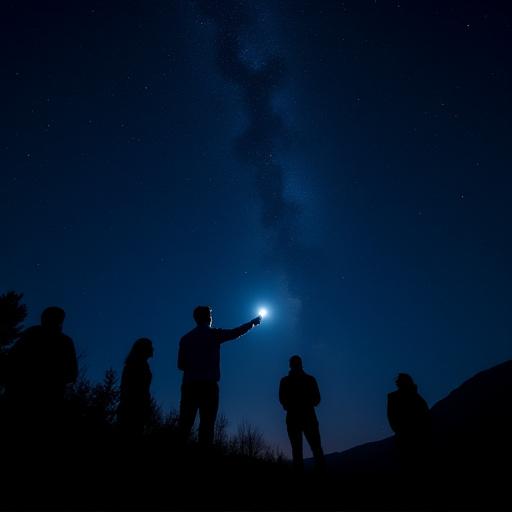 가이드가 밤하늘의 별을 가리키는 모습